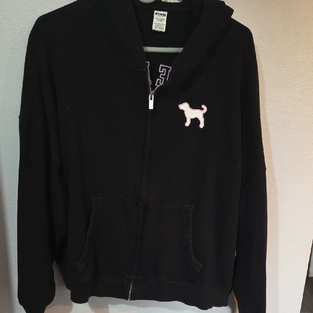 PINK Victoria's Secret Black Hoodie with Pink Dog Emblem